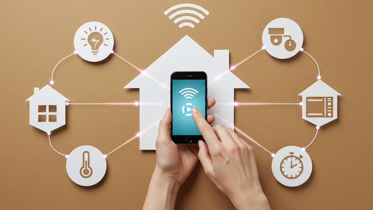 mão segurando celular que se conecta à ícones da casa inteligente